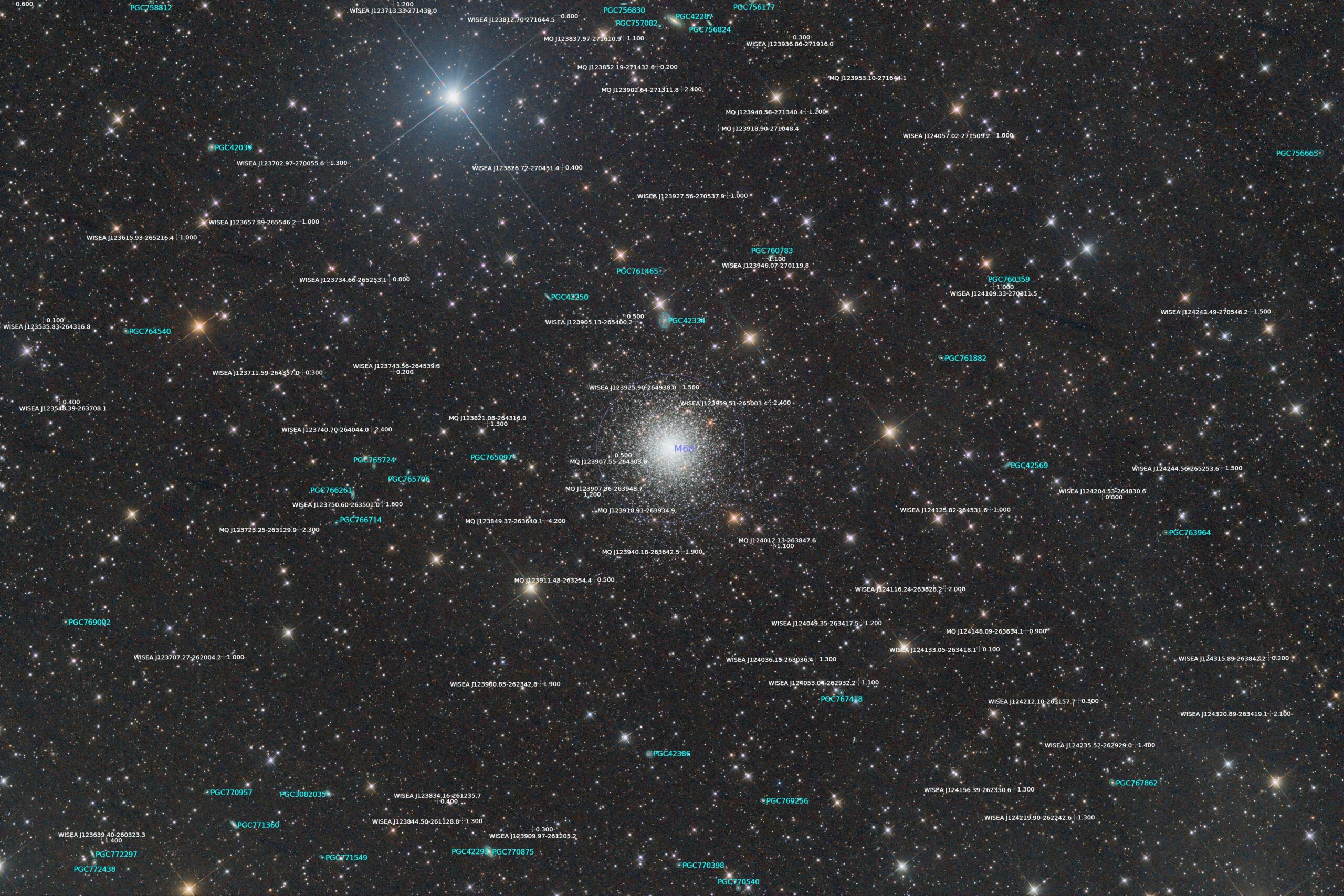 Messier 68, Tak, annotated