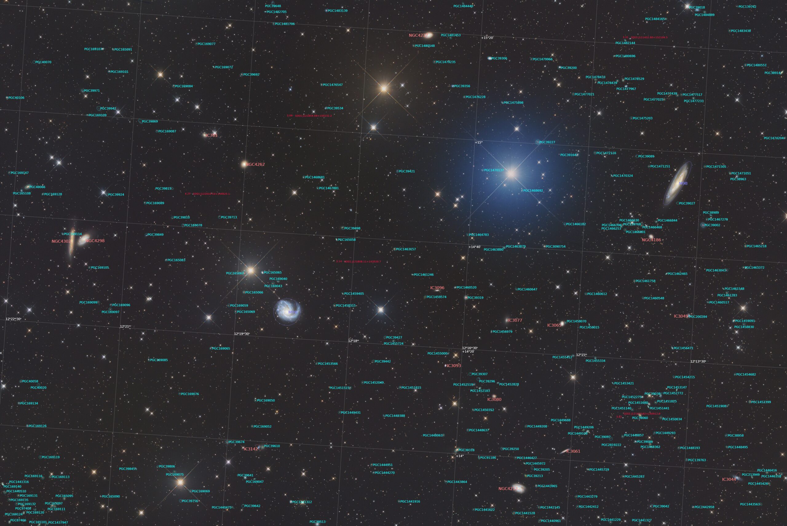 Messier 98, Messier 99 annotated