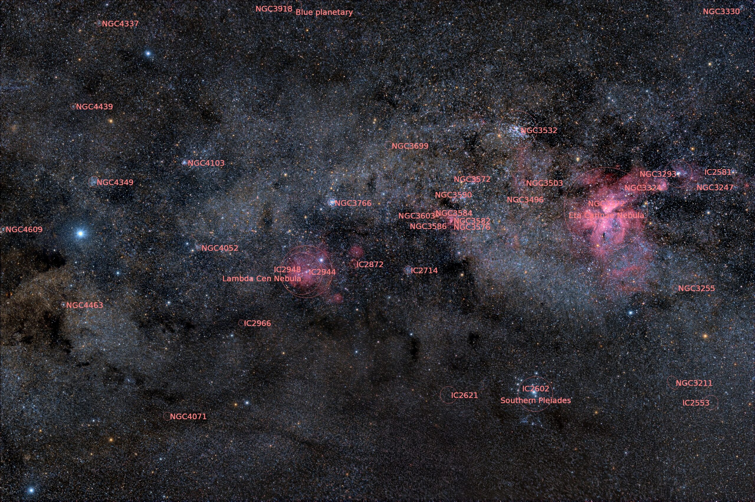 NGC 3372, 2008, annotated
