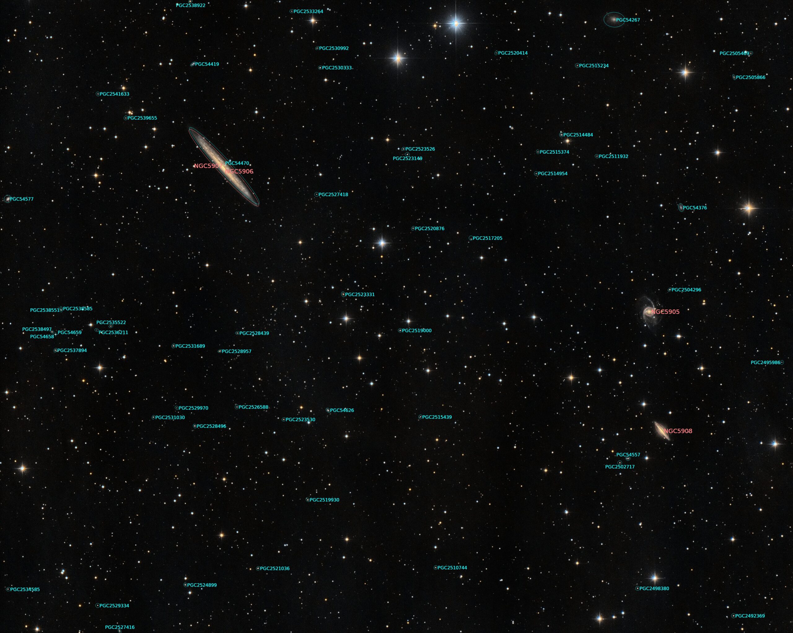 NGC 5907, 2019, annotated