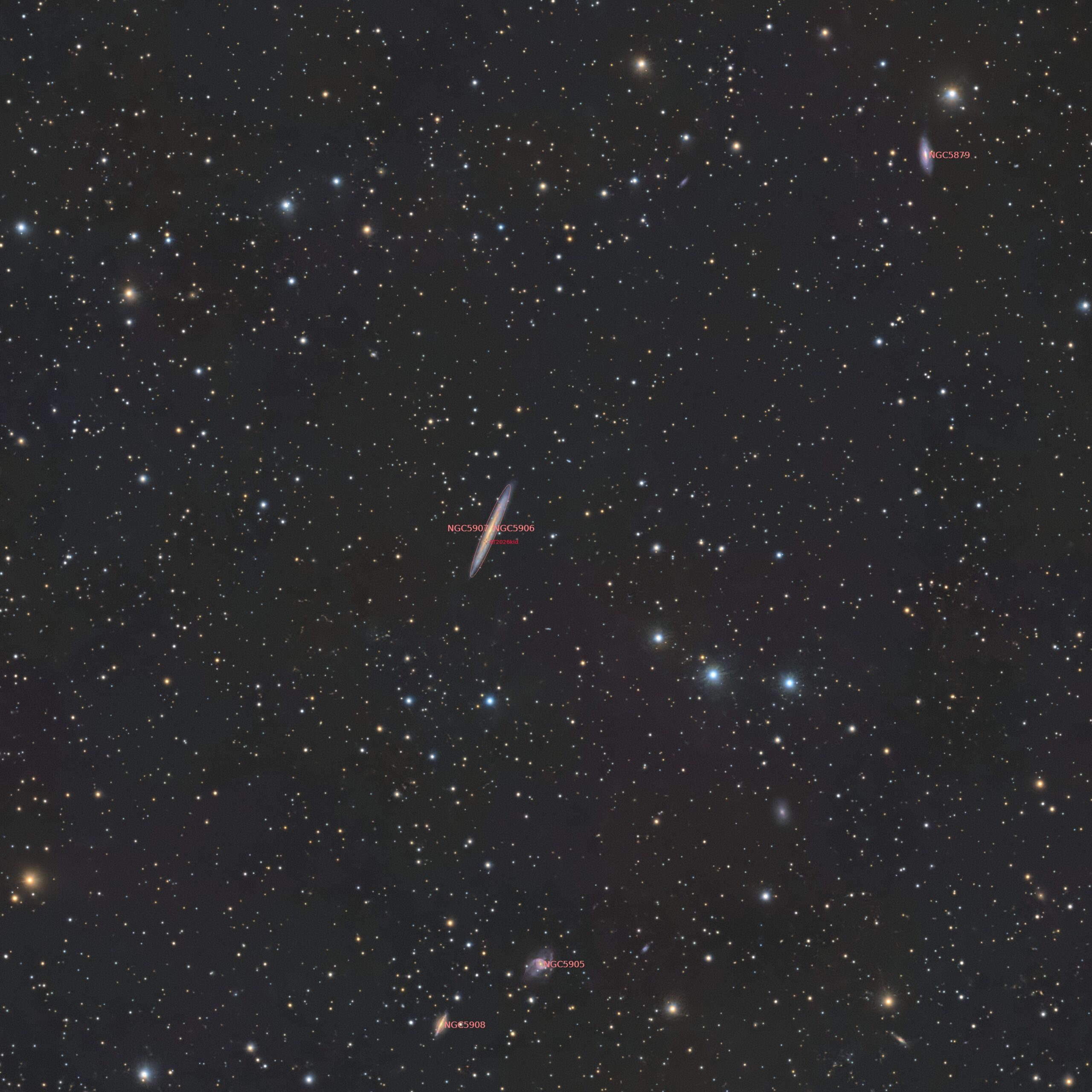 NGC 5907, 2026, annotated