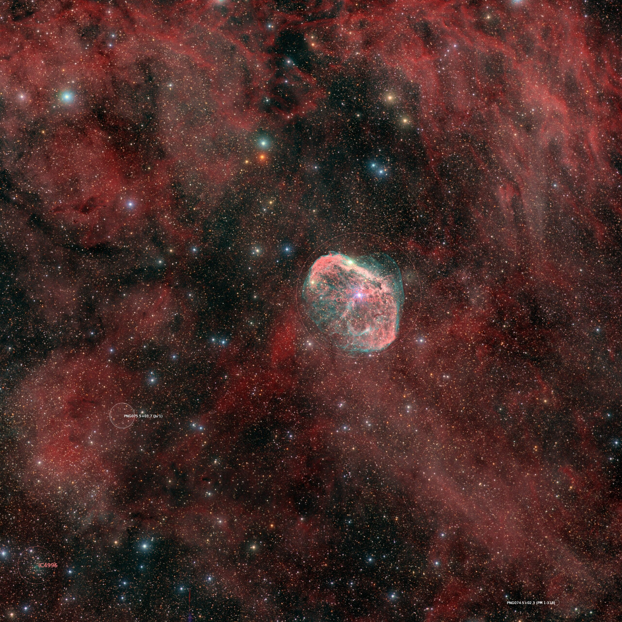 NGC 6888, DeepSkyWest, annotated