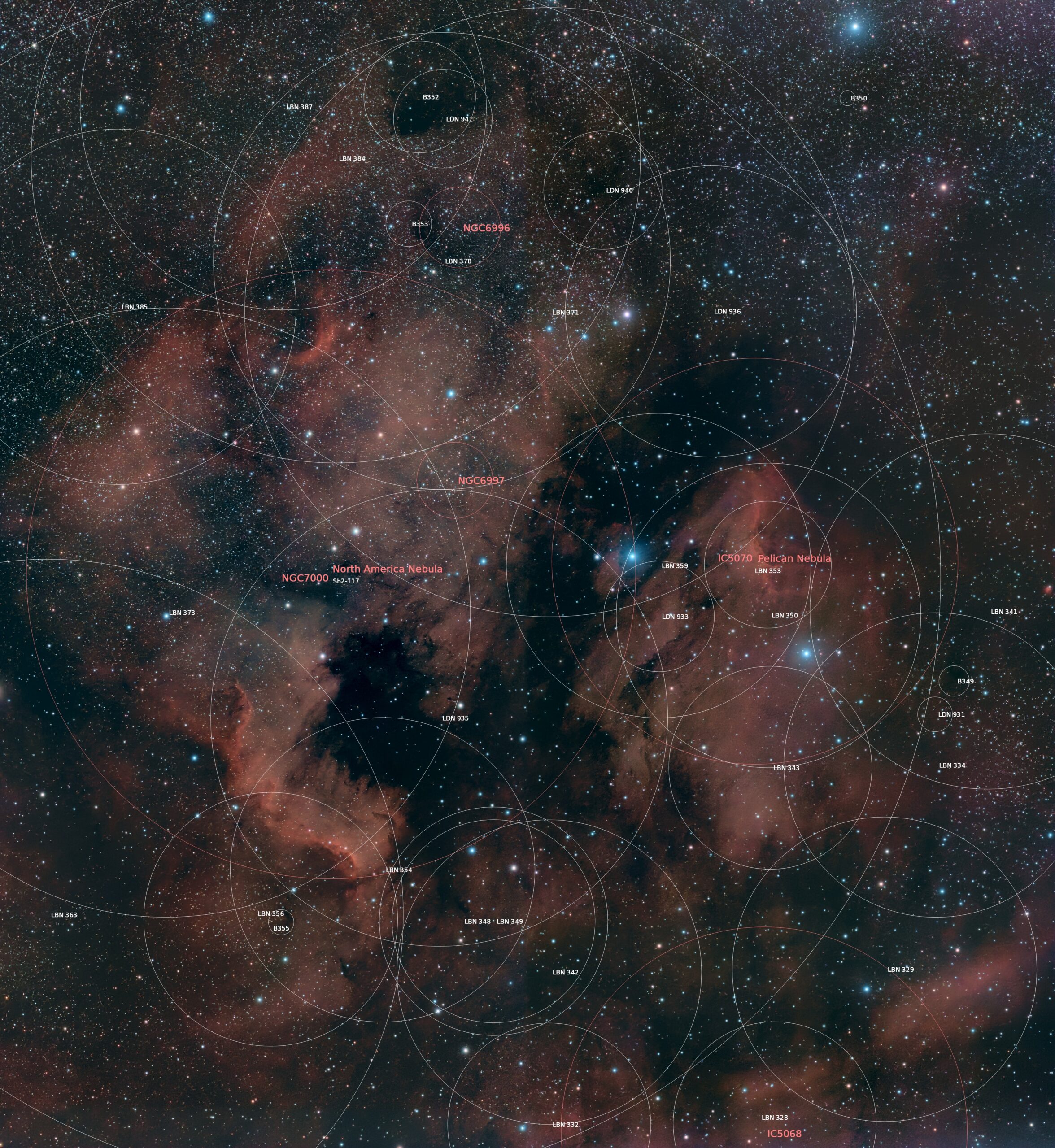 NGC 7000, Varel, annotated